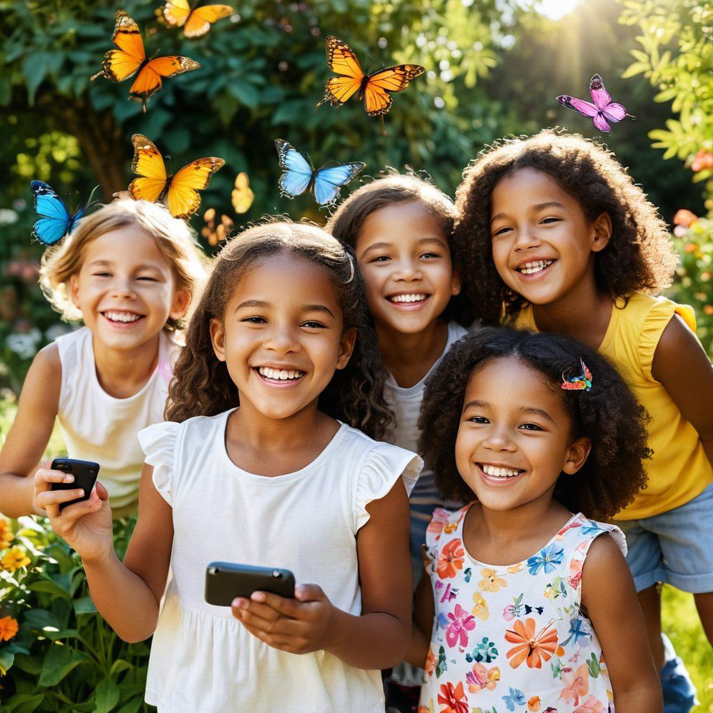 A warm and inviting scene of a diverse group of playful children joyfully interacting in a sunny garden filled with colorful flowers and butterflies. Parents smiling in the background, capturing the moment with their smartphones, embodying a sense of community and nurturing. Soft sunlight illuminating their happy faces, emphasizing the joy of childhood connections. vibrant colors. super-realistic. sunny atmosphere.