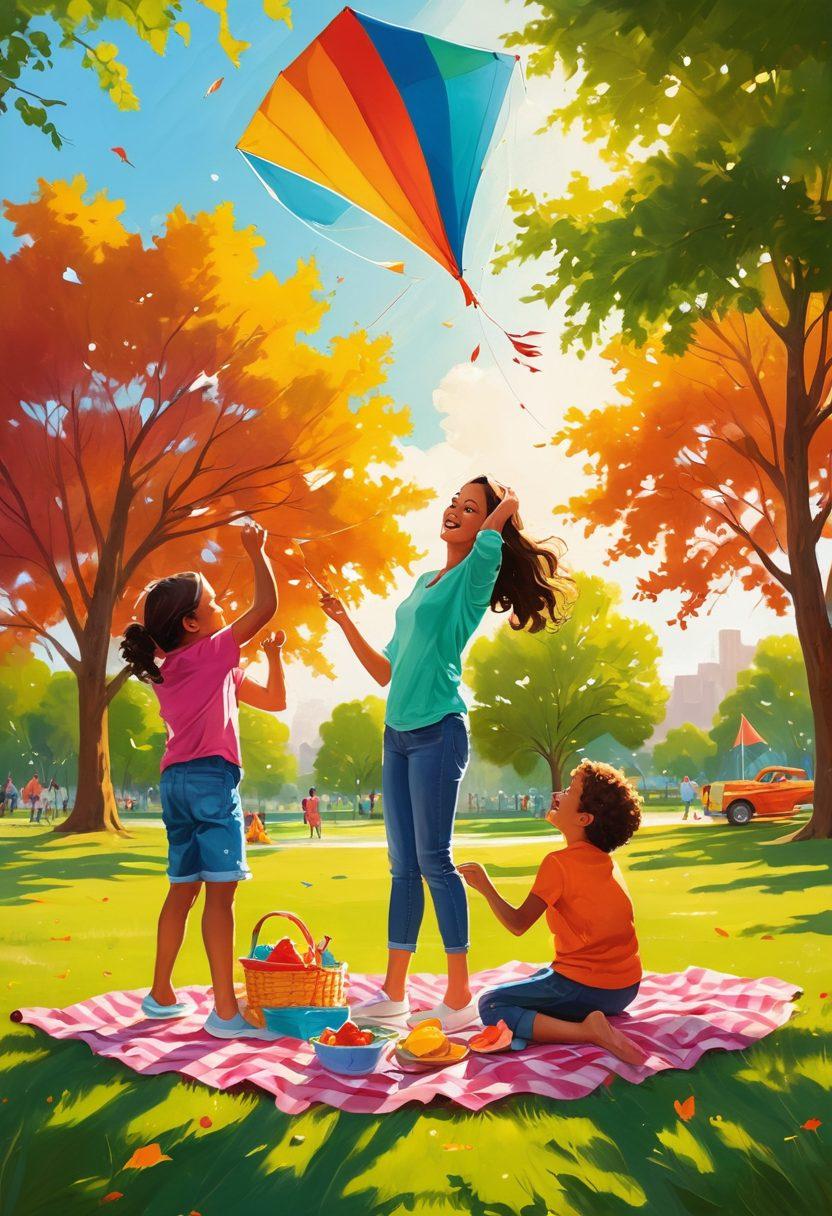 A warm scene of a family playing together in a sunlit park, showcasing vibrant laughter and joy between parents and their playful children. The background features a sprawling green lawn, colorful kites flying in the sky, and a picnic setup with vibrant food. The composition should evoke feelings of love and togetherness, with soft, natural lighting enhancing the playful atmosphere. painting. vibrant colors. warm tones.
