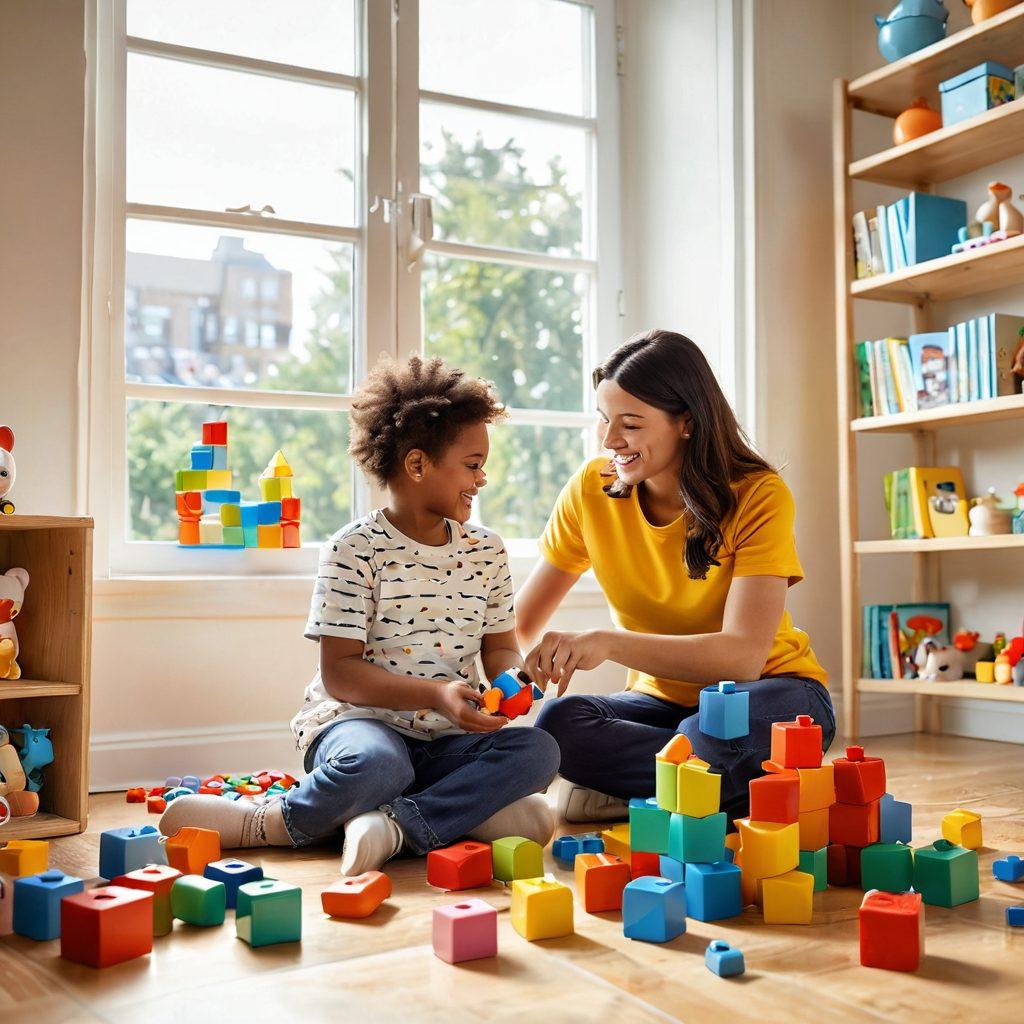 A cheerful scene depicting a parent and child engaged in playful learning activities, surrounded by colorful building blocks and educational toys. The background features bright sunlight streaming through a window, symbolizing warmth and nurturing care. Illustrative symbols of love like hearts or hugging figures are subtly integrated into the design, conveying a sense of empowerment and joy in early development. cartoonish style. vibrant colors. soft and inviting atmosphere.